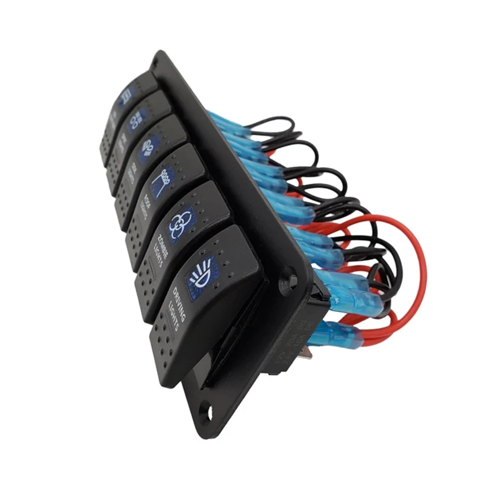 6 Circuit Rocker Switch Panel with Built-in Blue LED Indicators for 12V 24V Vehicle Marine RV and Off-Road Electrical Management