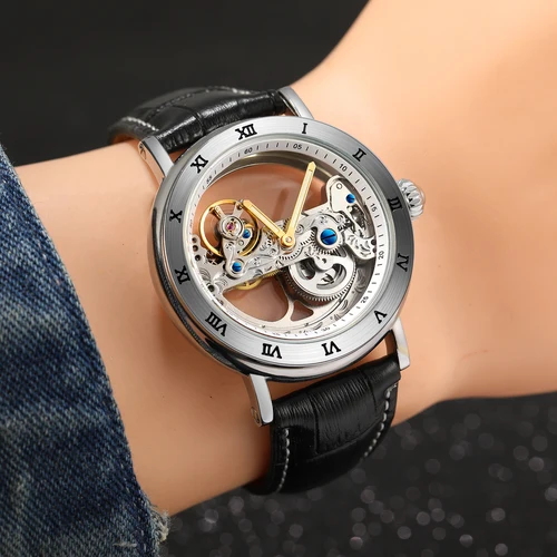 Relojes automáticos Tourbillon con esqueleto de acero de lujo 2024 originales, reloj de pulsera elegante luminoso mecánico de cuero para hombre