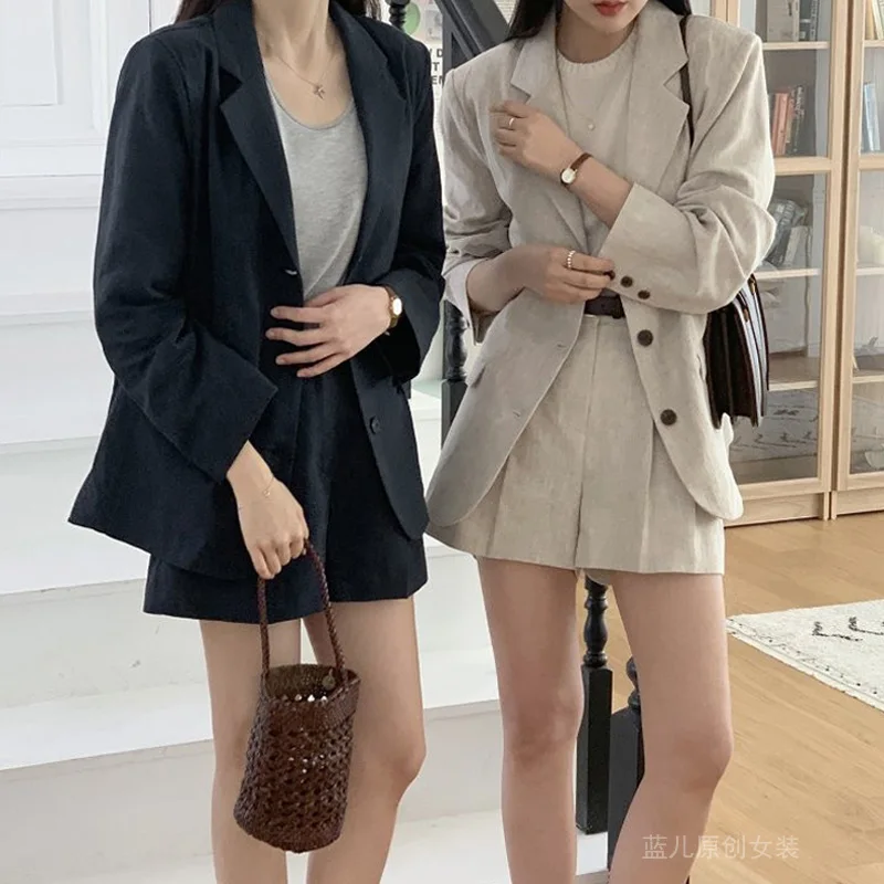 SuperAen 솔리드 컬러 코튼 및 린넨 블레이저 여성용 여름 2025 새로운 루즈하고 캐주얼한 반바지 바지 투피스 세트