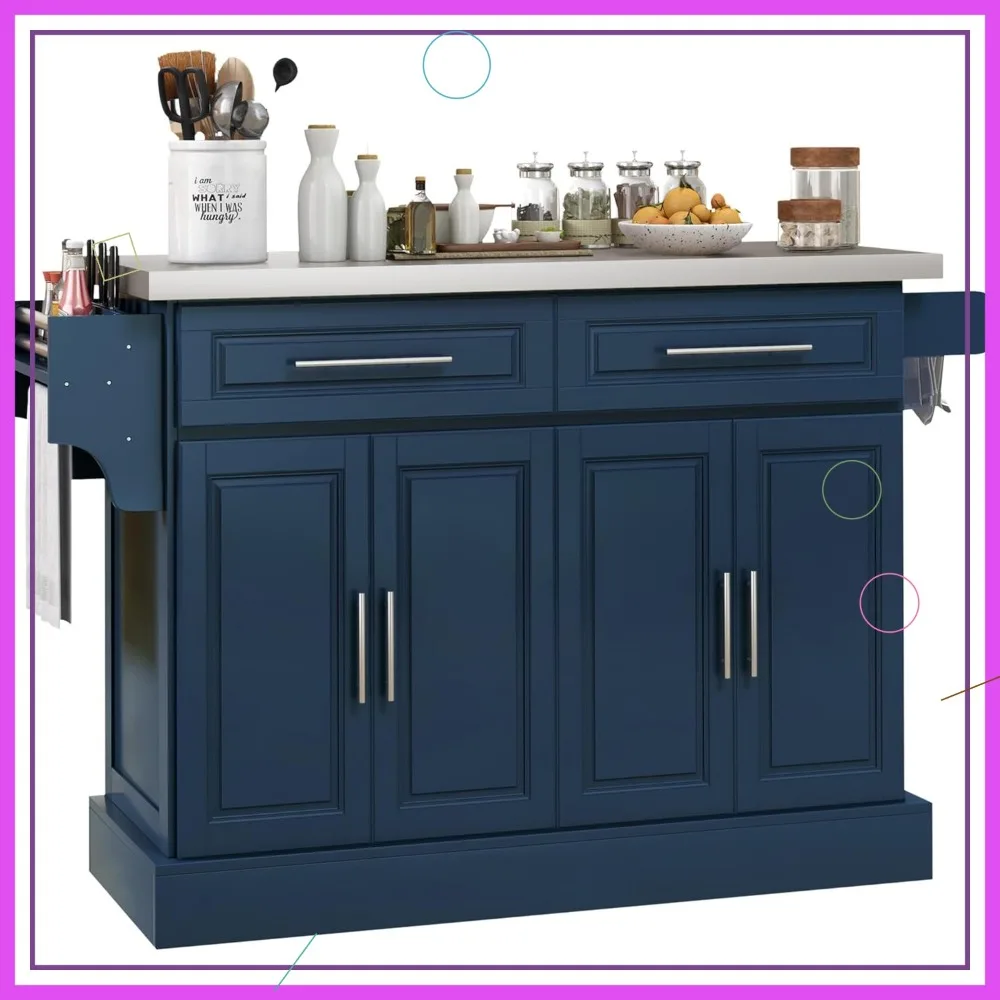 

Передвижная кухонная тумба-остров с столешницей из нержавеющей стали, регулируемыми полками, ящиками и колесиками для удобства перемещения