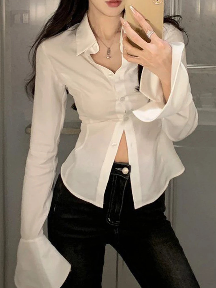 Sexy White Shirt Women Vintage Flare Sleeve Top Female Elegant Chic Slim Bandage Blouse Ladies Hotsweet Fashion Chiffon Shirts