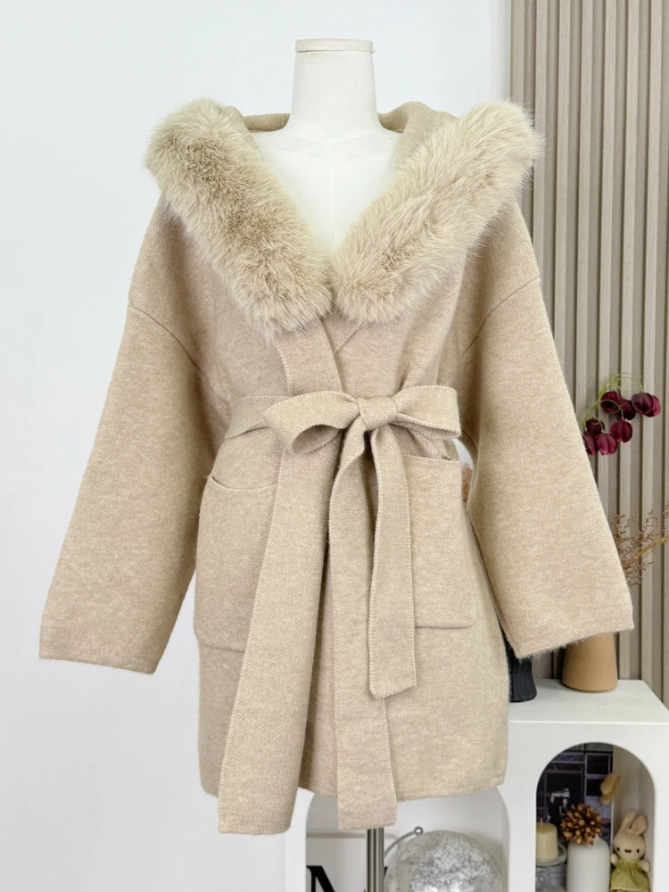 French Retro Elegant Hooded Faux Fur Collar Wool Coat for Women Winter Warm Double-Sided Belted Loose Fit Elegant Chic Outerwear