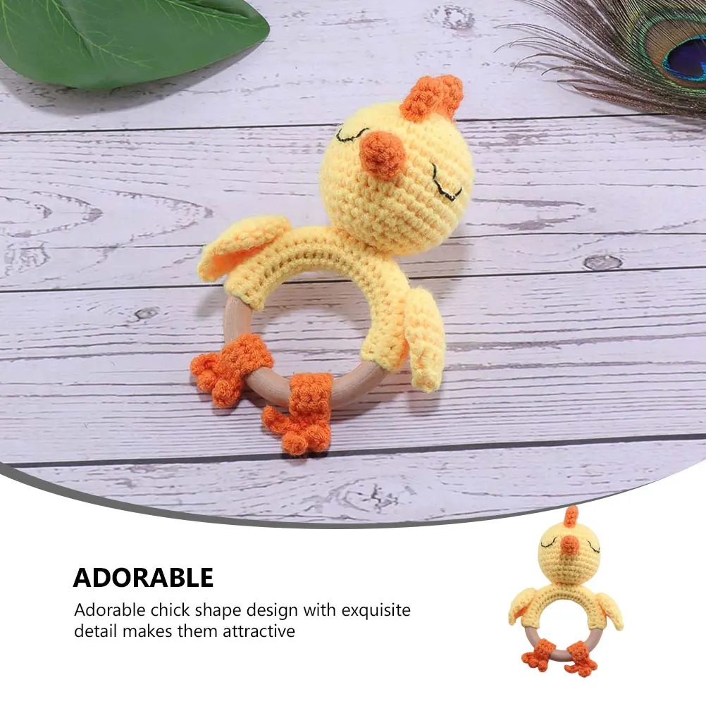 1pc Wooden Hand Baby Molar Chick Shape Creative Infant Toddler Handheld Musical Early Education Rattle Adorable Hand Knitted