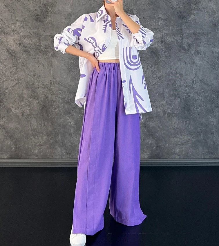 Vivid Girl Casual Long Sleeved Printed Shirt and High Waisted Split Wide Leg Pants Set for Quick Hair