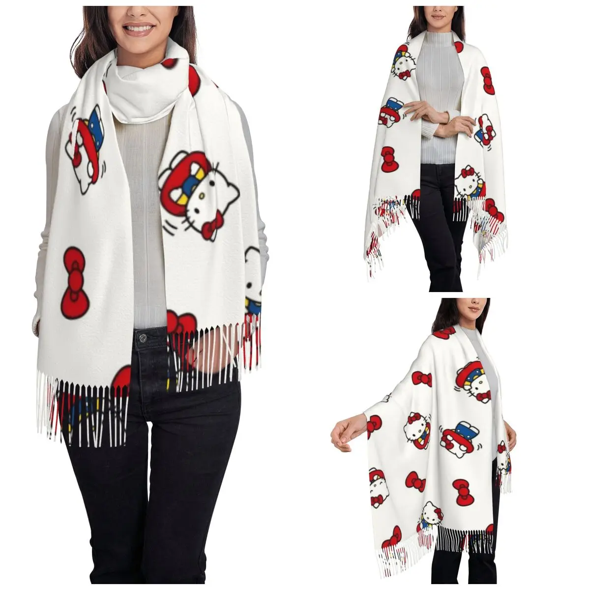 Hello Kitty Swim Ring Bow Scarf for Womens Winter Warm Shawls and Wrap Cartoon Cute Long Scarves with Tassel Ladies