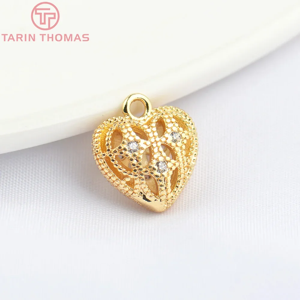 (4994)4PCS 11x10MM 24K Gold Color Brass with Zircon Heart Charms Pendants High Quality DIY Jewelry Making Findings Wholesale