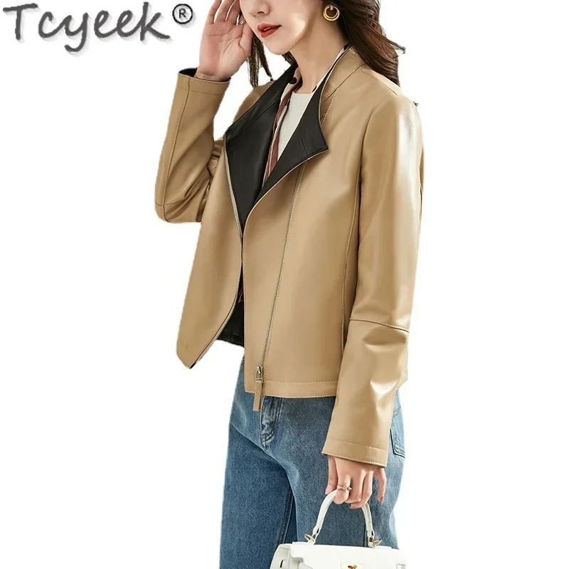 Tcyeek-女性用本革ジャケット,本物のシープスキンコート,女性用オートバイジャケット,24の春と秋の服