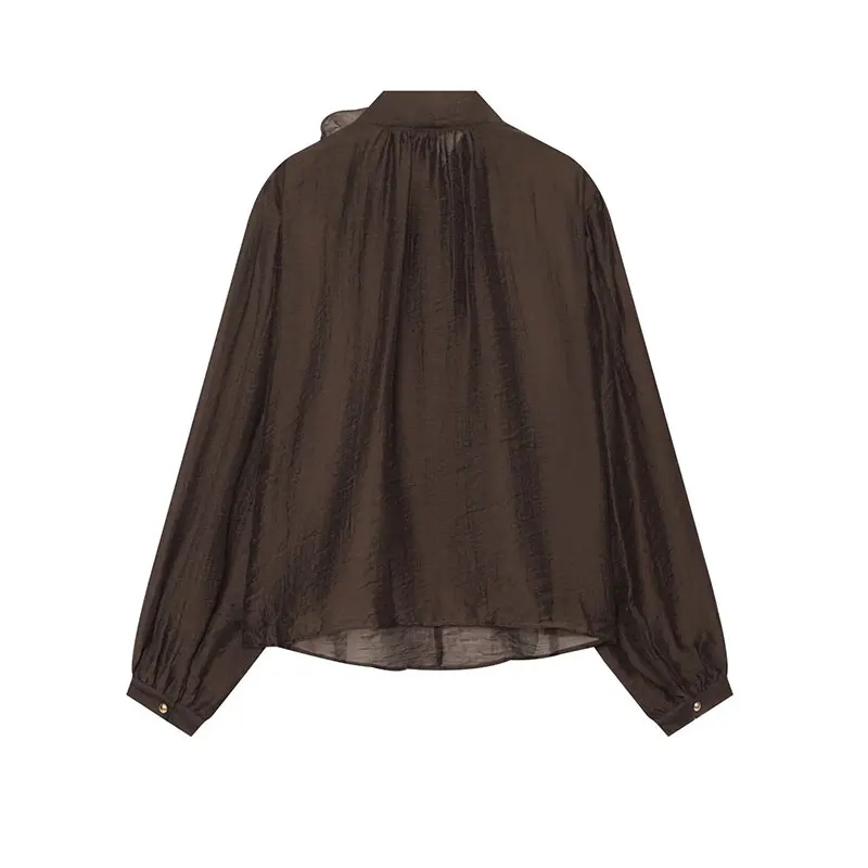 Nlzgmsj 2026 Autumn Women Chiffon Blouse 3D Flower Decor Bow Tie Collar Long Sleeve Puff Sleeve Loose Elegant Female Shirt