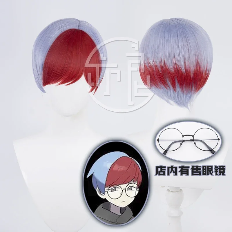 Pocket Scarlet and Violet Penny Botan Cosplay Wig with Glasses Red Blue Short Bobo Straight Hair Synthetic Bangs Heat Resistant