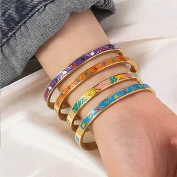 Fashion Stainless Steel Oval Bangle for Women Gold Color Geometric Colorful Enamel Painted Bracelet Wedding Jewelry