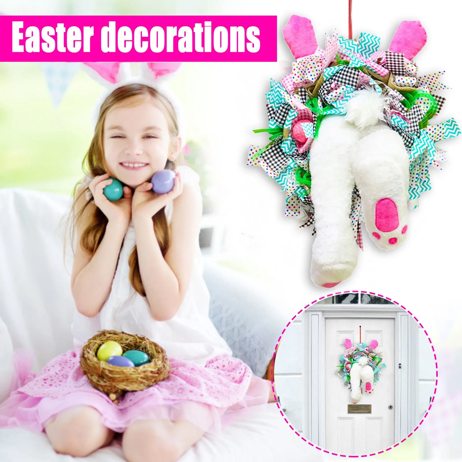 

2024 Bunny Wreath Easter Festival Ornament Easter Wreath with Pastel Eggs for Home Front Door Spring Colorful Flowers Decor