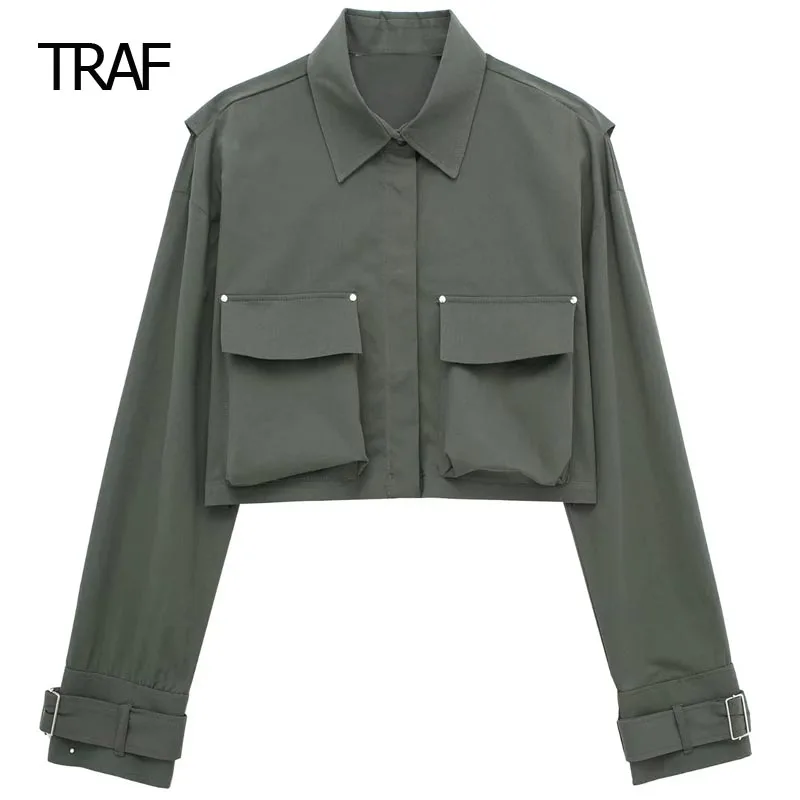 

TRAF Cropped Shirt Women's Blouse Spring Summer 2024 Lapel Collar Long Sleeves Top Korean Style Shirt Elegant And Youth Blouses