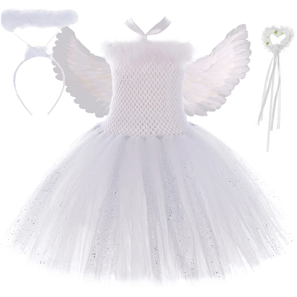 Sparkly Pure White Angel Tutu Dress Feather Wing Wands Outfits Fancy Kids Dresses Angel Costume for Girls Birthday Party Clothes