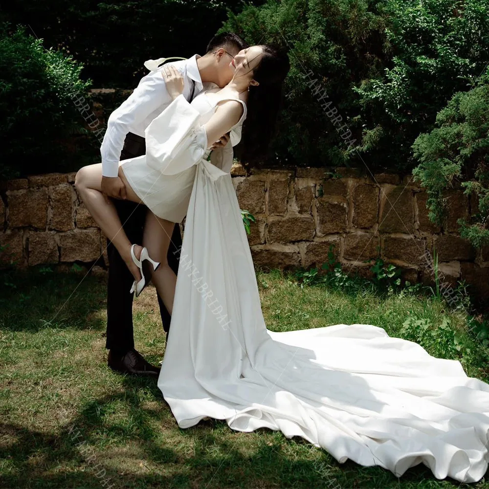 Elegante vestido de novia de satén con cuello cuadrado, capa desmontable, tirantes finos, sin mangas, corto, línea A, Simple