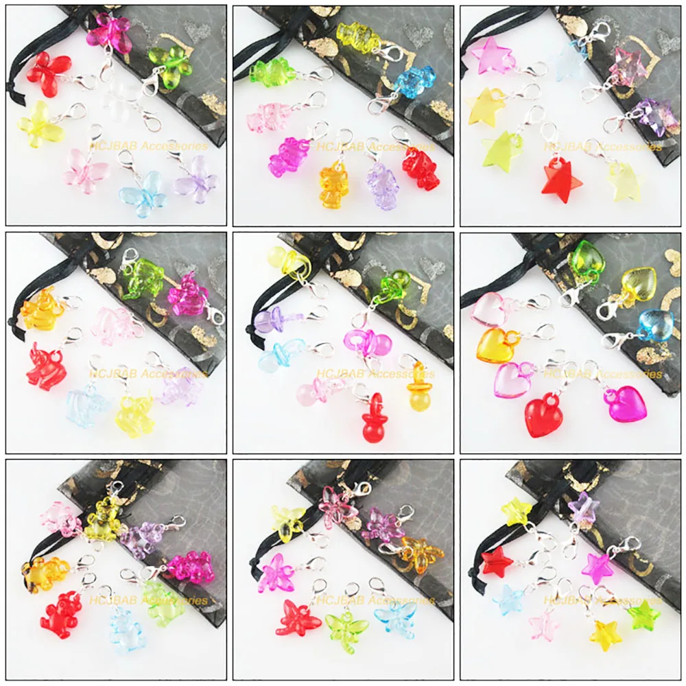 Fashion 16Pcs New Animal Bear Dragonfly Cat Elephant Star Bottle Charms Akrylowe mieszane wisiorki z zapięciem