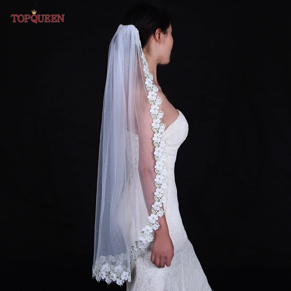 TOPQUEEN Lace Wedding Veils for Bride Short Bridal Veu Embroidered Tulle 1 Tier Wedding Decorations for Bride Hip Length V200