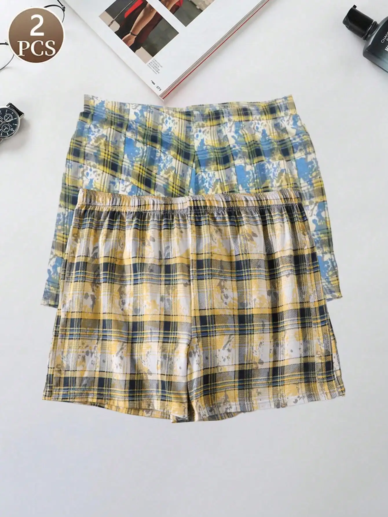 

2 шт., повседневная базовая спортивная трикотажная ткань, мягкая клетчатая ткань со средней талией, мужские дышащие клетчатые трусики с галстуком-красителем, можно носить вне трусиков