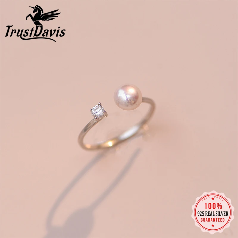 

TrustDavis Real 925 Sterling Silver Fashion Simple Natural Pearl Open Zircon Ring for Women Girls Fine Jewelry Gift DS4849