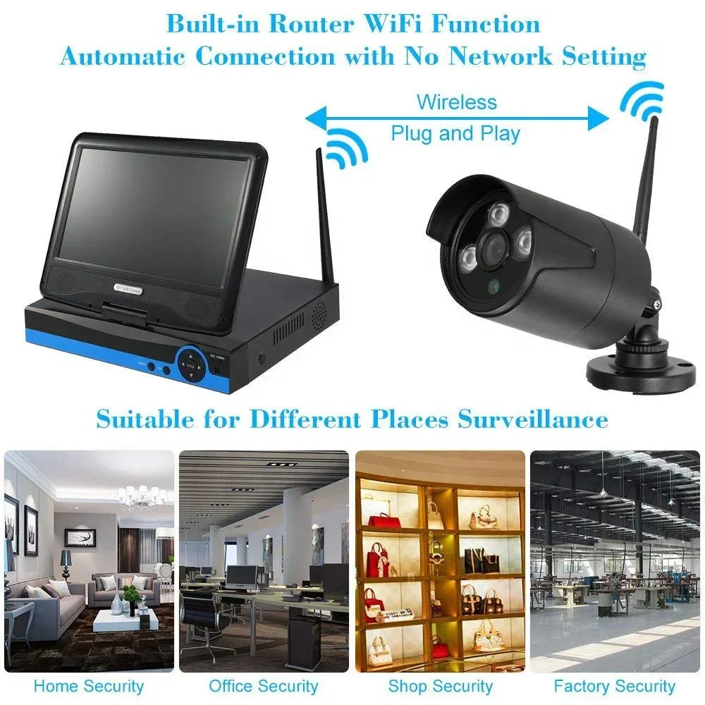 4ch 8ch 720p 960p H.264 1080p H.265 Wireless 10.1 inch LCD HD Outdoor IP WiFi CCTV NVR Kit Security Camera System
