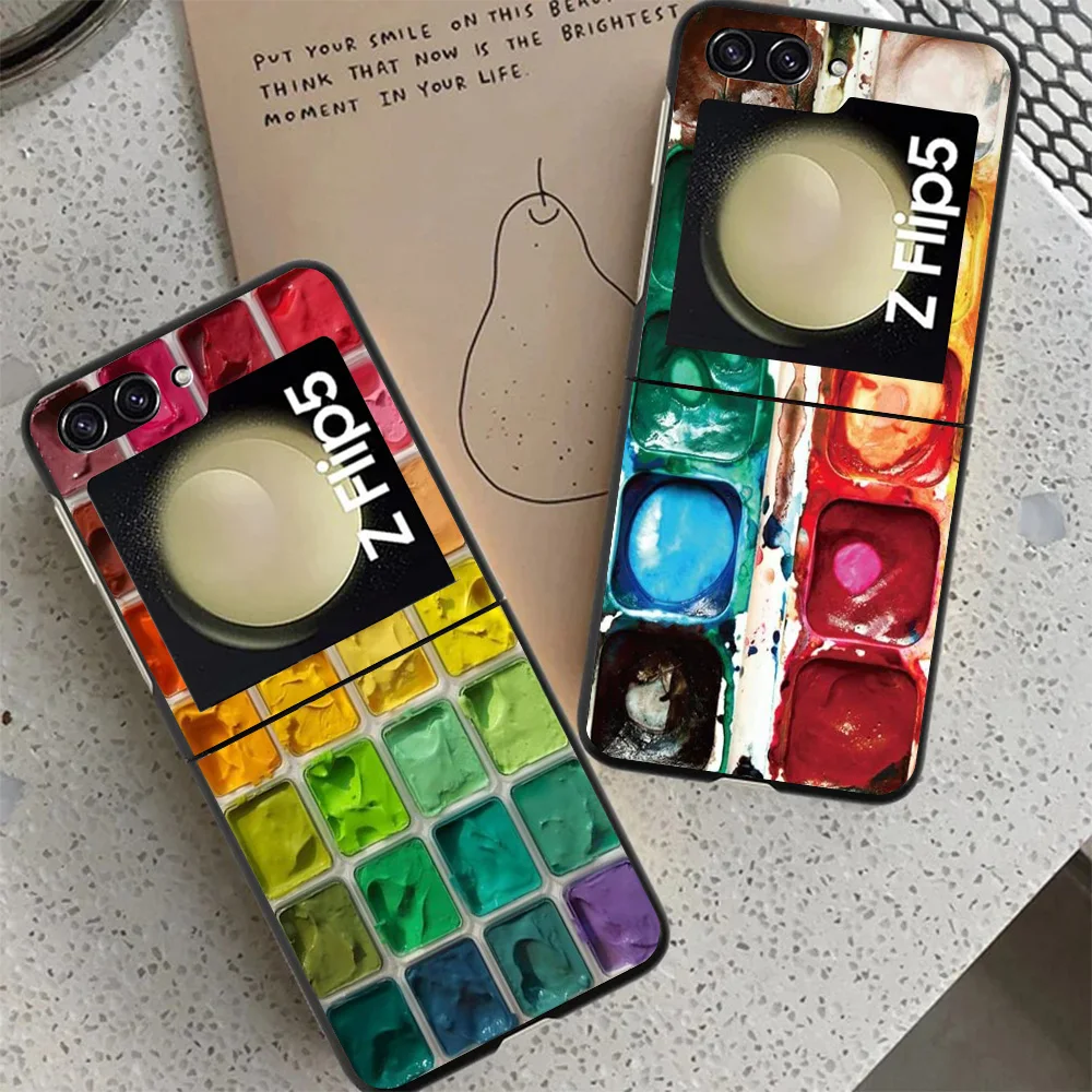 Watercolors Set Paint Palette Painting Box Phone Case For Samsung Z Flip 6 5 4 3 Galaxy ZFlip6 5G Flip5 Flip4 Black Hard Camera