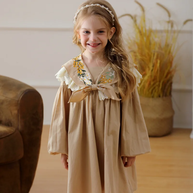 

Children's Dress Flower Embroidery Long-sleeved Girls Dress 2024 Autumn New Princess Dress for Girls