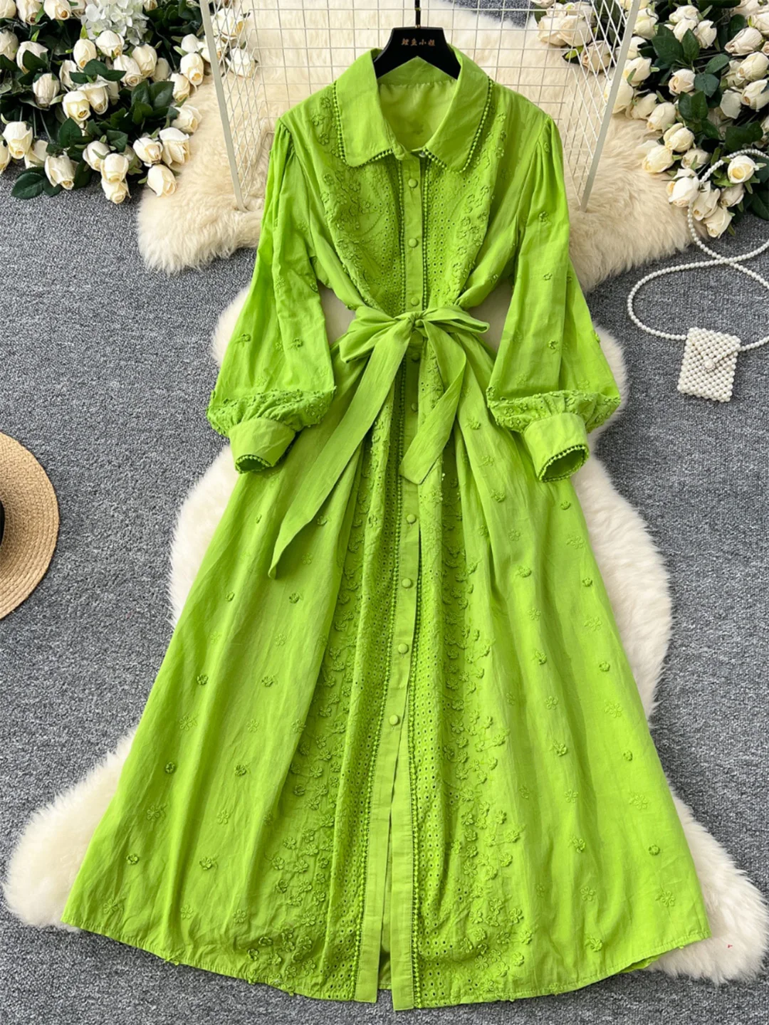 

Croysier Elegant Women Dresses Long Sleeve Vintage Embroidery Dress Lapel Collar Front Button Casual Office Midi Dress With Belt