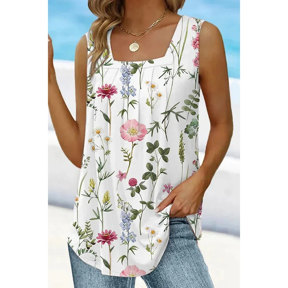 Camiseta sin mangas con cuello cuadrado y estampado floral con pliegues blancos informales de talla grande