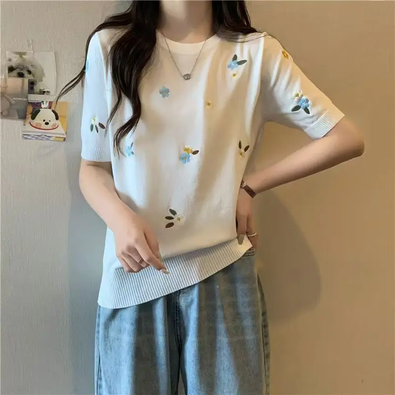 Harajuku Summer High Quality Knitted Jumper Sweater T-Shirt Women Clothes Tees Korean Fashion Ladies Knitwear Tshirt Tops