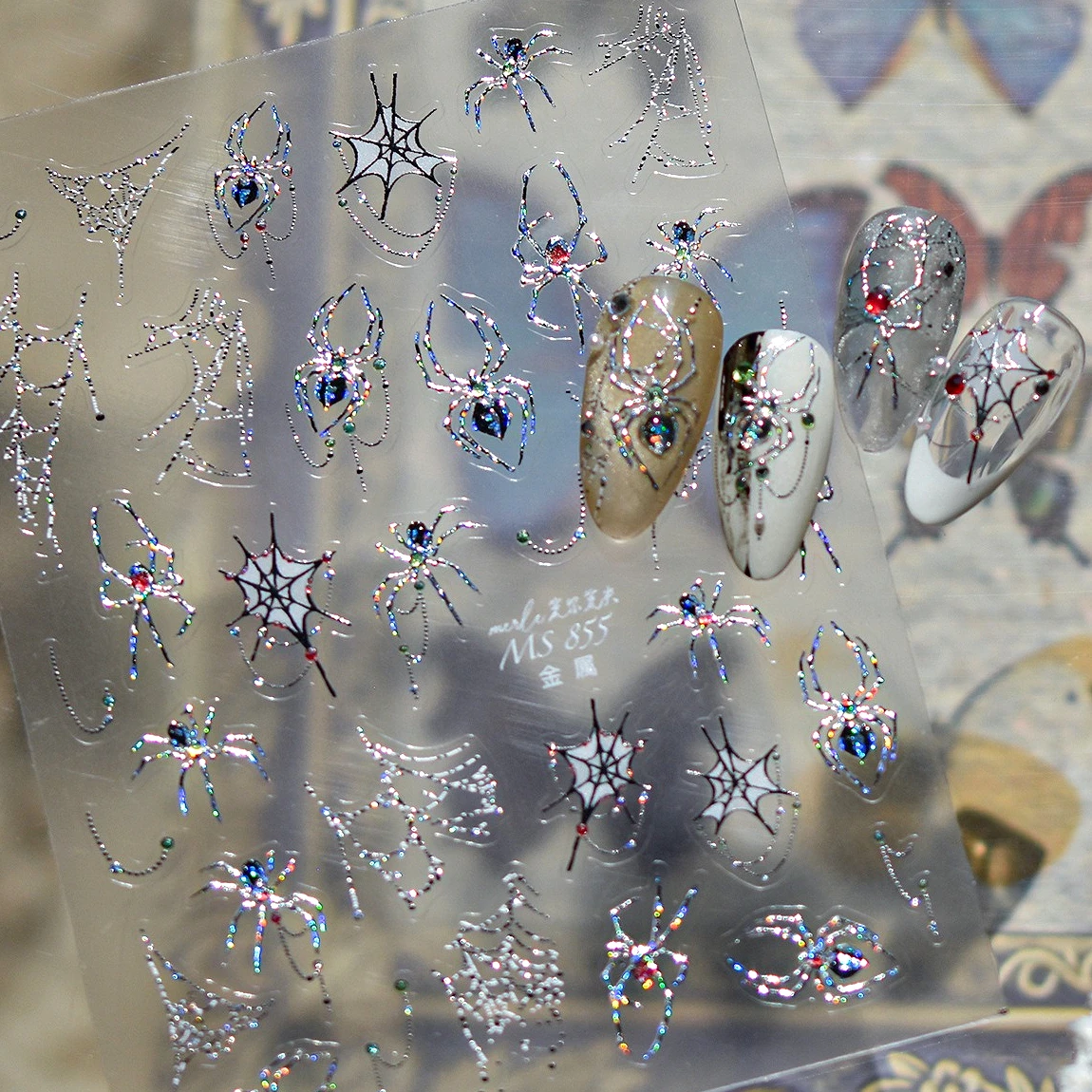 

Shiny Silver Spider Web Insect Butterfly Dark Black Rose Flowers Ladybug Cicada Horrible Halloween Y2K Nail Art Stickers Decals