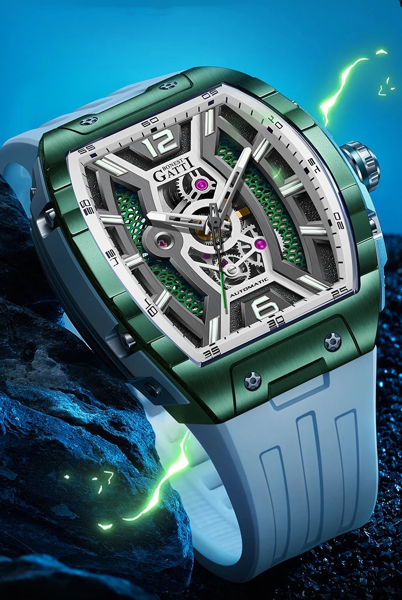 BONEST GATTI ساعة أوتوماتيكية للرجال 46 مللي متر * 51 مللي متر Tonneau ساعة اليد الميكانيكية الجوف خارج الهاتفي الياقوت مضيئة حزام مطاط الفلور
