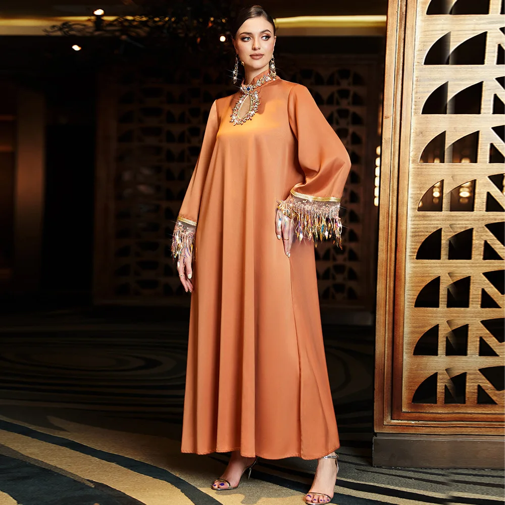 Gradient Tassel Abaya Dress Women Chic Hand Sew Rhinestone Hollow out Stand Collar Long Sleeve Arab Dubai Party Robe 2024