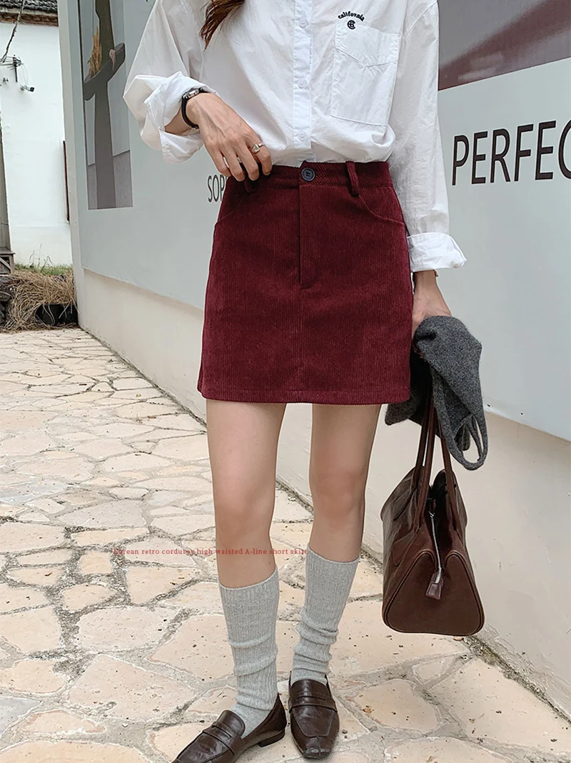 Grundlegende Hohe Taille Cord Mini Rock Frauen Herbst Neue Vintage College A-linie Röcke Tasche Koreanische Abnehmen Alle-Spiel Kurzen rock – Detail 17