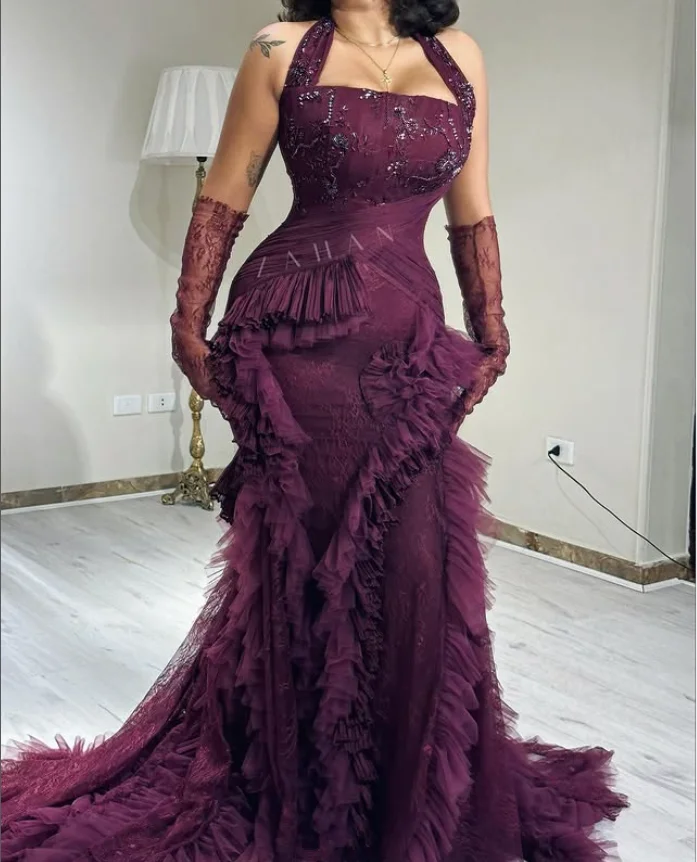 Traube Lila Lange Meerjungfrau Abendkleider Neckholder Spitze Perlen Geraffte Plissee Prom Party Kleid Pastrol Unis maßgeschneidert