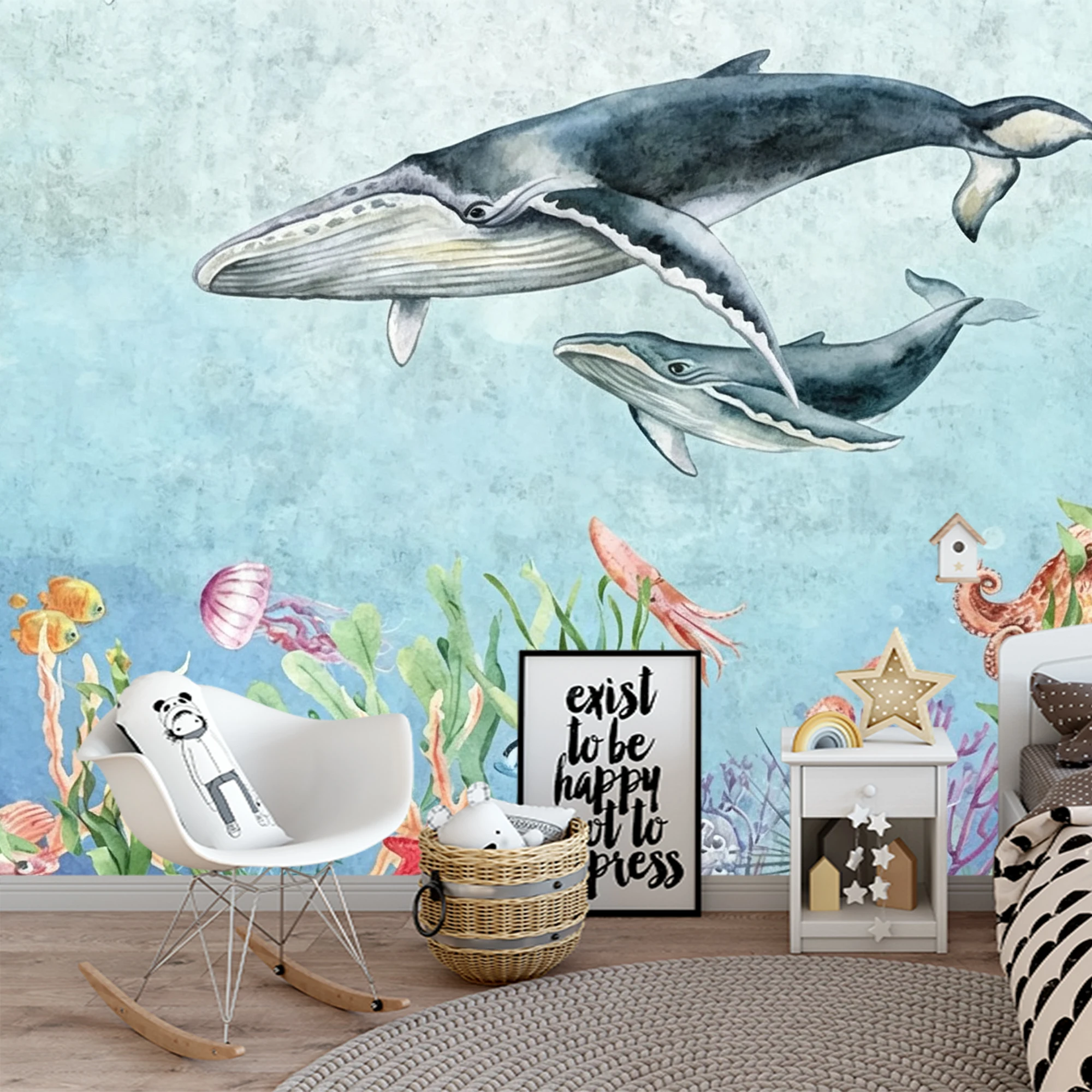 Custom Mural Wallpaper Kids Ocean Peel And Stick Wall Whale Turtle Fish Coral Seaweed Underwater For Nursery Bedroom Home Decor