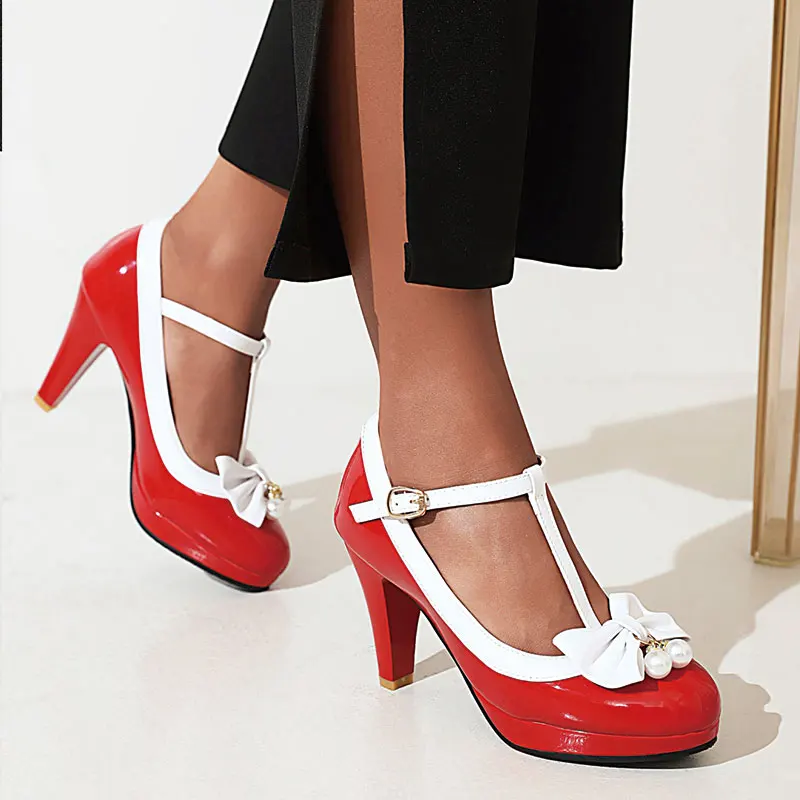 Sgesvier 2022 New Women Platform Pumps Round Toe Middle Thick Heels Bowtie T-Bar Strap Sweet Plus Size 32-50 Black Red Spring