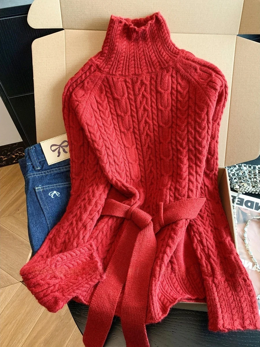 

Свитер с высоким воротником в стиле ретро, вязаный внутренний свитер с завязкой на талии, свободный крой, повседневный повседневный топ для женщин, полиэфирное волокно