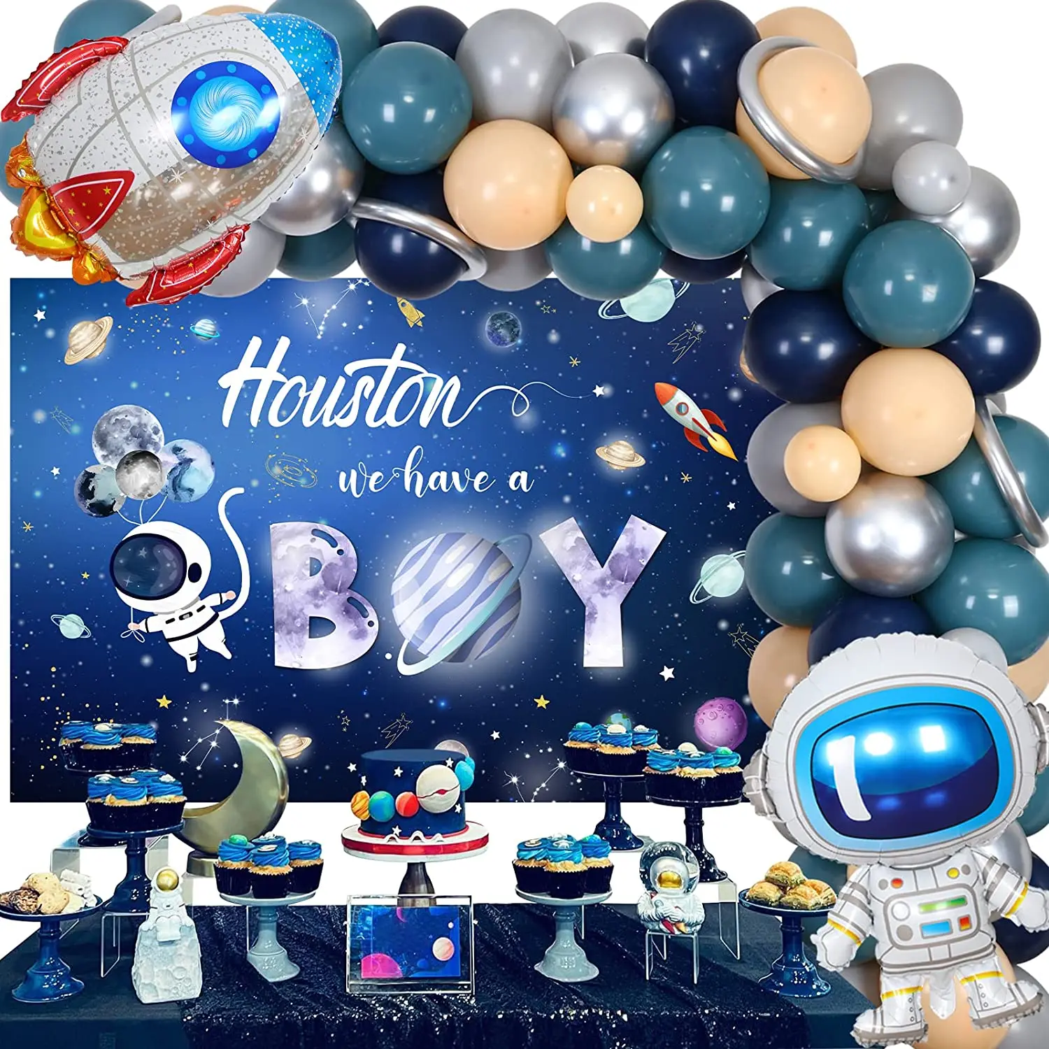 

Outer Space Baby Shower Decorations Houston We Have A Boy Backdrop Rocket Astronaut Balloon Garland Kit Galaxy Party Supplies