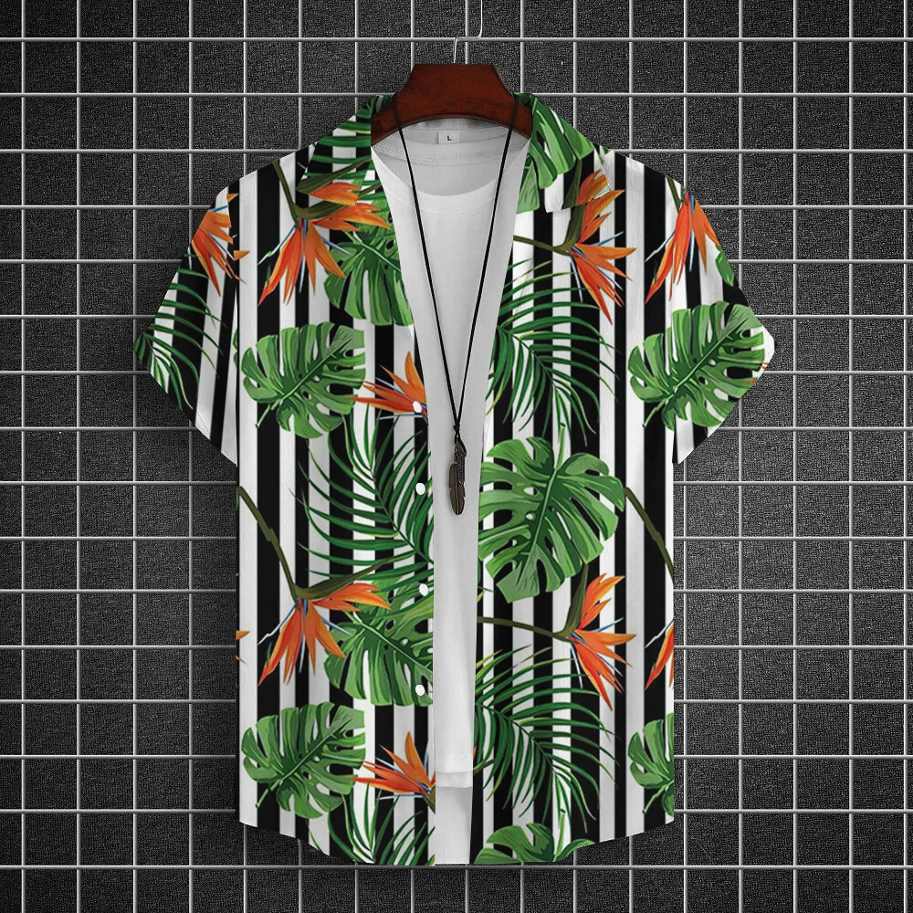 Hawaiian Shirt Men Beach Casual Short Sleeve Button Down Shirts Tropical Leaf Floral 3D Printed Clothing for Summer Vacation