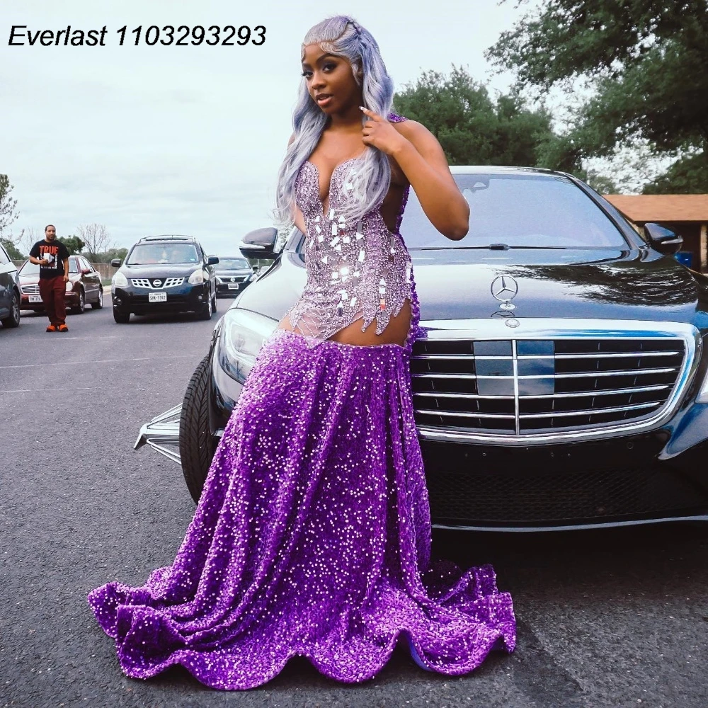 

EVLAST Customized Elegant Purple Black Girls Sequins Prom Dress Crystal Beading African Formal Party Aso Ebi Evening Gown TPD176