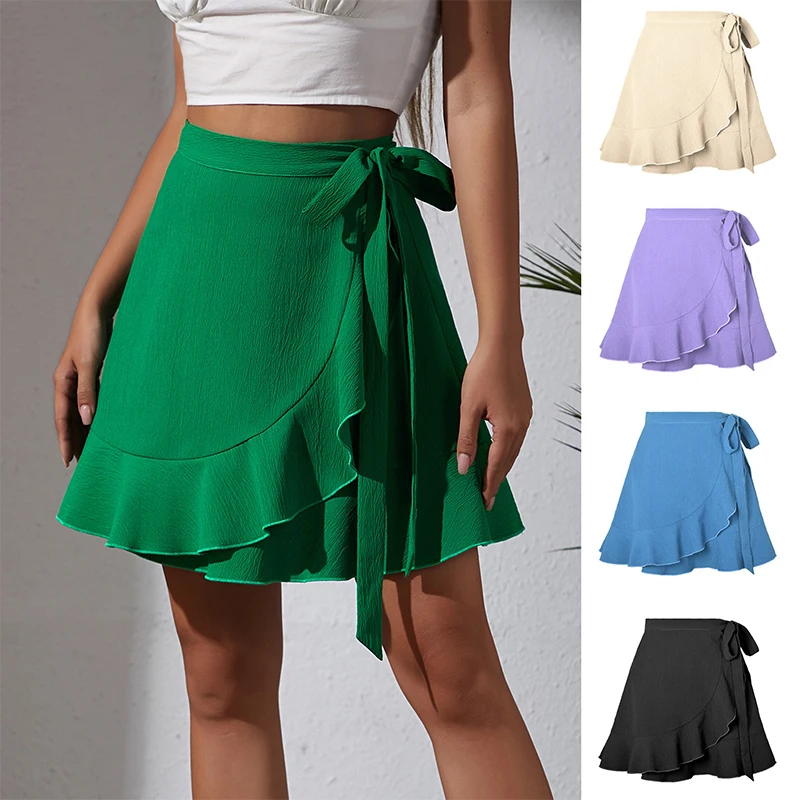 

Women's Lace Up Wrap Skirt High-Waisted Solid Color One-Piece Ruffle Short Skirt Loose Casual Resort Style Mini Skirt For Ladies