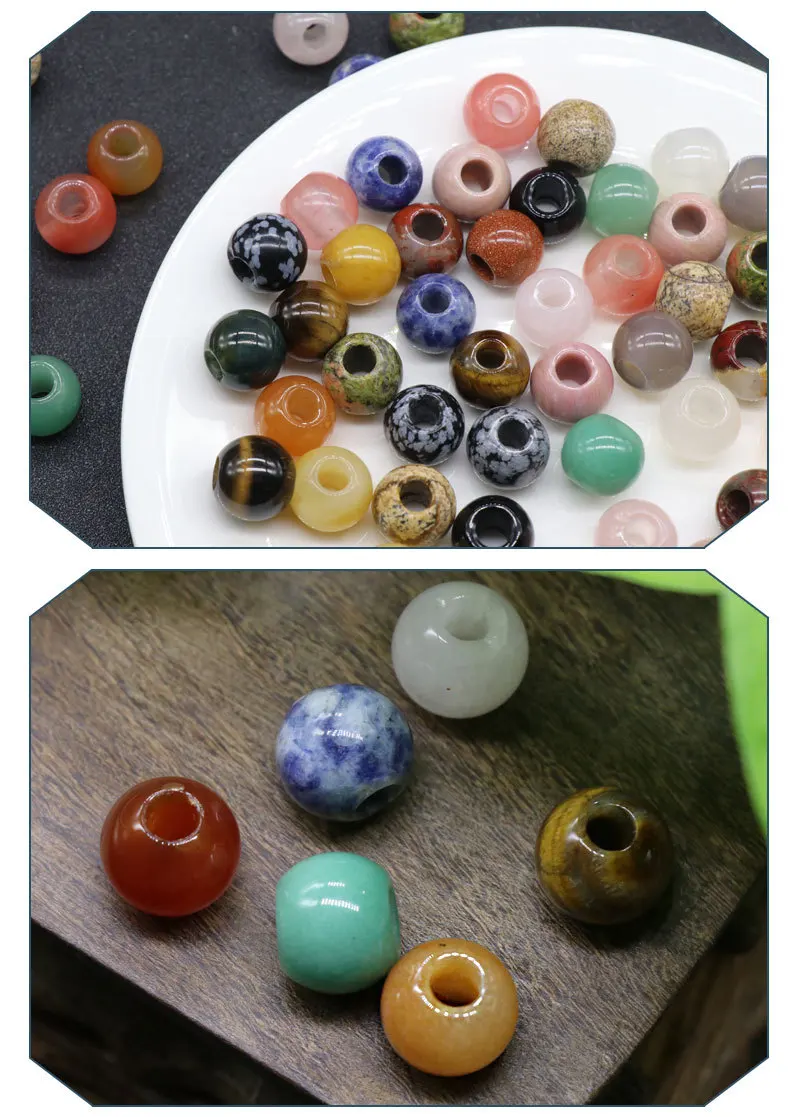 5pcs 14mm Large Hole Beads Natural Semi-precious Stone Loose Beads Hole Size 5mm  Round Shape Beads For Jewelry Making Necklace
