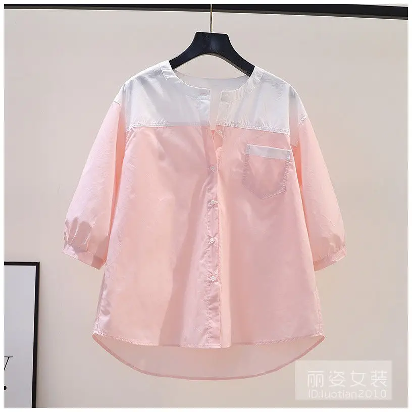 Round Necked Cotton Shirt, Women's New Summer Fashion Design, Color Blocking, Three Quarter Sleeves, Versatile Shirt Top