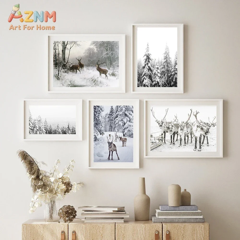 Moose in Snow Print Winter Snowy Poster Art Canvas Painting Picture Rustic Christmas Decor for Living Room Home Wall Decorati