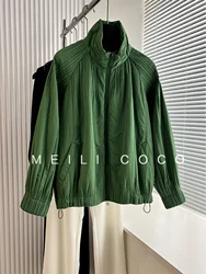 Miyake Solid Color Standing Pocket Nine Sleeve Design Women's Jacket 2024 Autumn New Standing Collar Slim Zipper Pleated Top