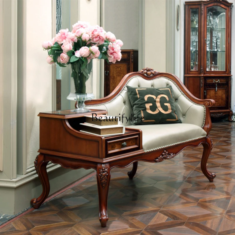 

American solid wood telephone chair leather lazy concubine chair balcony beauty couch single sofa European style concubine sofa