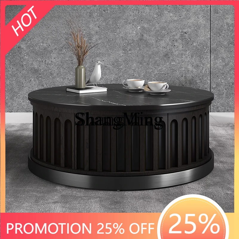 

ZYY premium new Chinese round coffee table light luxury modern living room home solid wood black rock slab villa tea table