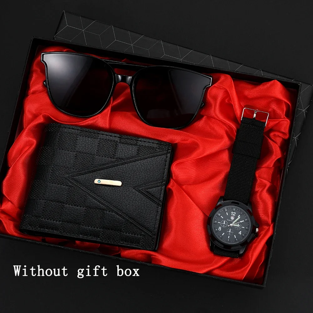 メンズ時計、ベルト、財布、サングラス、絶妙なギフト 3 個のセット、メンズクォーツ時計と財布