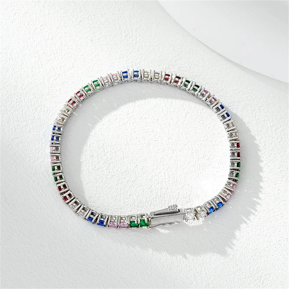 

Европейско-американский цветной браслет с цирконом, стерлинговое серебро S925, инкрустированный цветным цирконом в стиле хип-хоп, теннисная цепочка, легкие роскошные ювелирные изделия