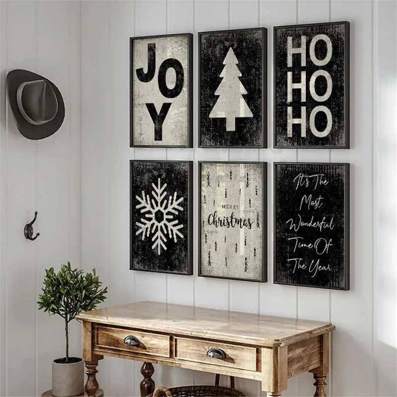 Black White Christmas Tree Farmhouse Snow Minimalism Posters and Prints Canvas Printing Wall Art Picture for Living Room Decor