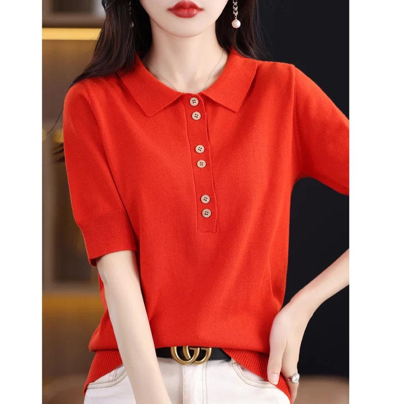 

ZOCEPT Knitted Tops for Women Summer New Short Sleeve Button Ornament Polo Collar Lady All-match T-Shirt Female Pullover Shirt